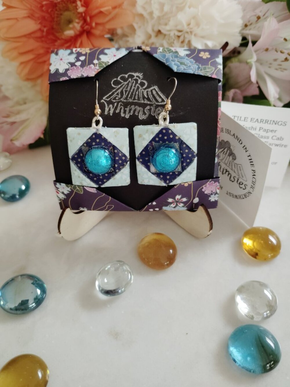 Blue Origami Tile Paper Earrings with Blue Foil Glass Cab, Handmade OAK